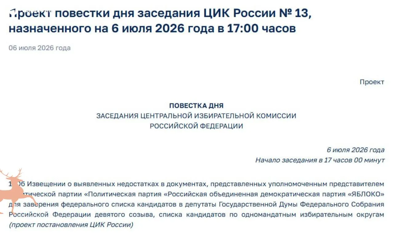 Центризбирком заявил о «недостатках» в документах партии «Яблоко» и назначил экстренное заседание 6 июля — это ставит под угрозу регистрацию её списка и участие кандидатов в выборах.