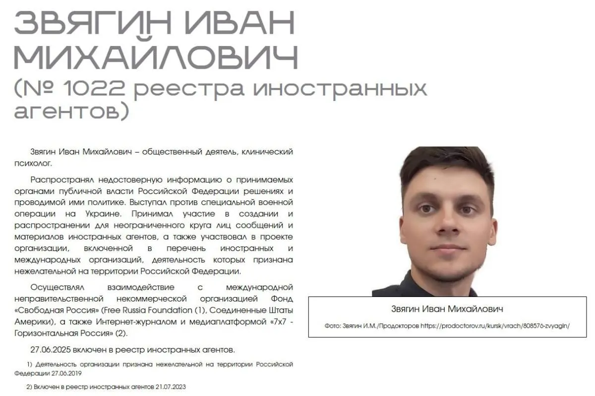 Иван Звягин оспаривает наименование и публичную презентацию «иноагентов» на сайте министерства — в иске он называет это профессиональной дискриминацией и нарушением прав.