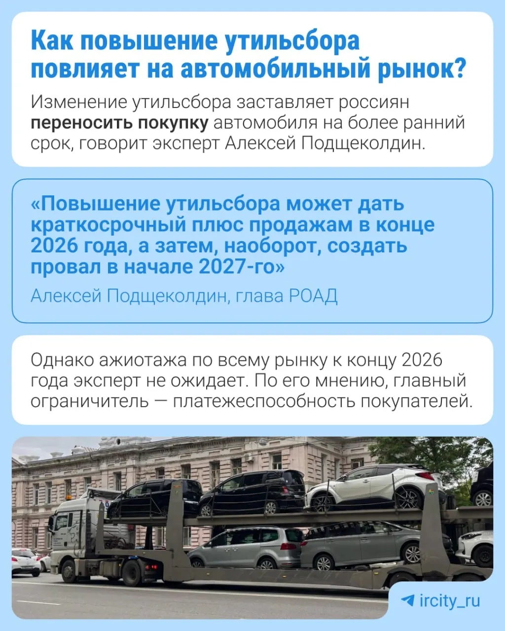 С 1 января 2027 года утильсбор вырастет на 10–20% в зависимости от типа техники. Это часть запланированной долгосрочной индексации, утвержденной в 2024 году.